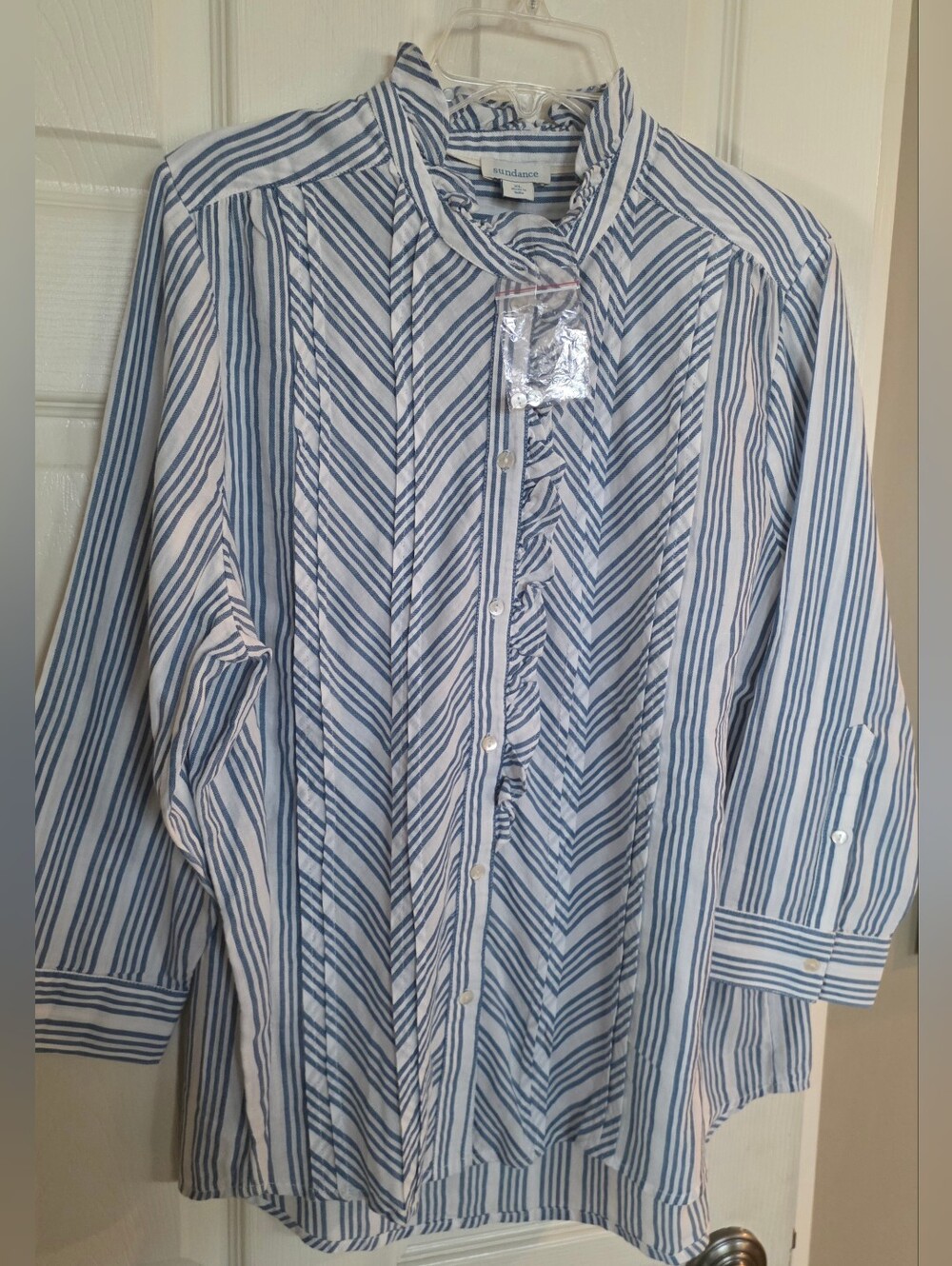 NWOT Sundance Blue & White Striped Button-Up Ruffle Trim Blouse XL